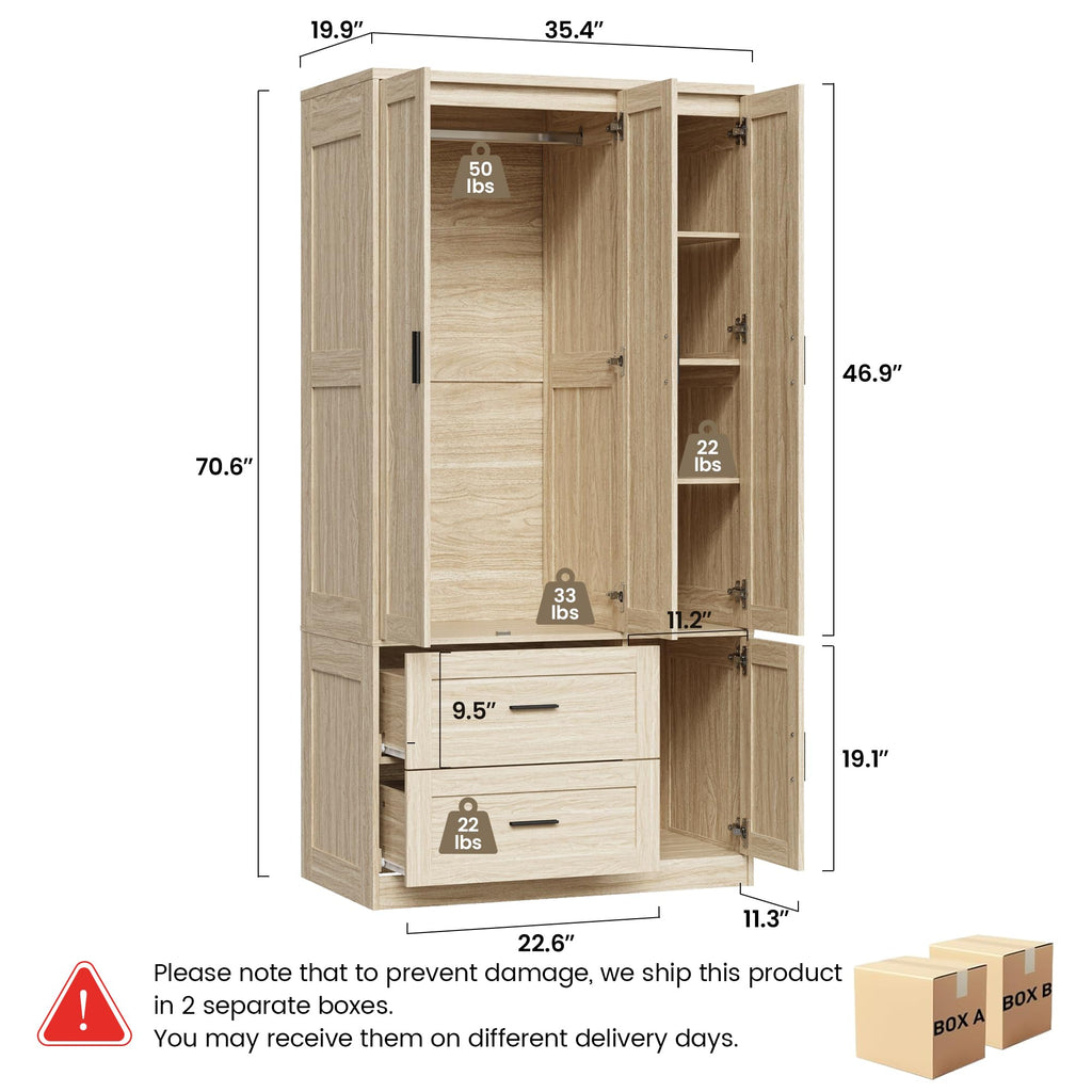 70.6 Inch Armoire Wardrobe Closet with Drawers (Light Oak)