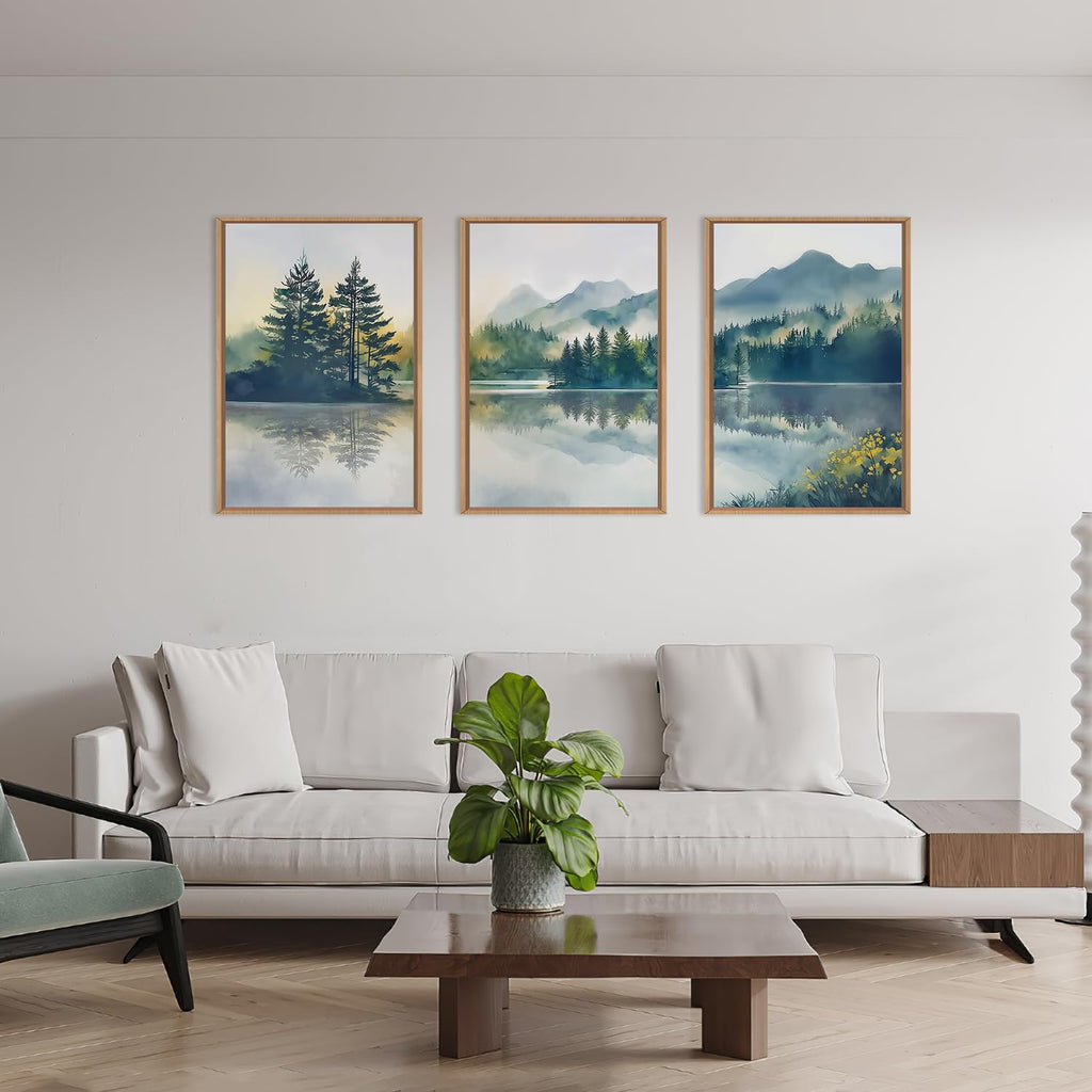 Large Green Mountain Framed Canvas Wall Art Set, Nature Foggy Forest Lake Reflection Wall Decor, Modern Pine Tree