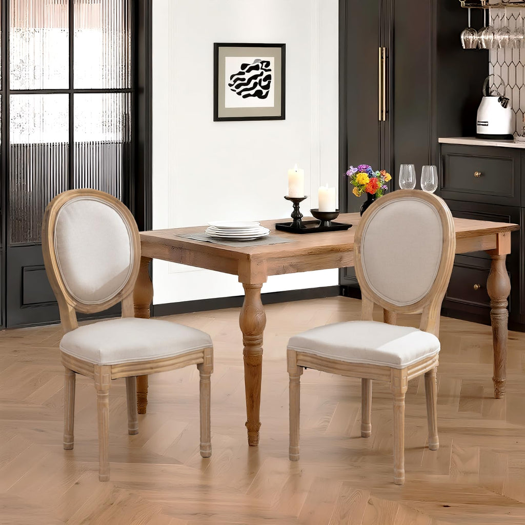French Country Dining Chairs Set of 4, Farmhouse Upholstered Dining Room Chairs with Round Back&Solid Leg, Mid-Century