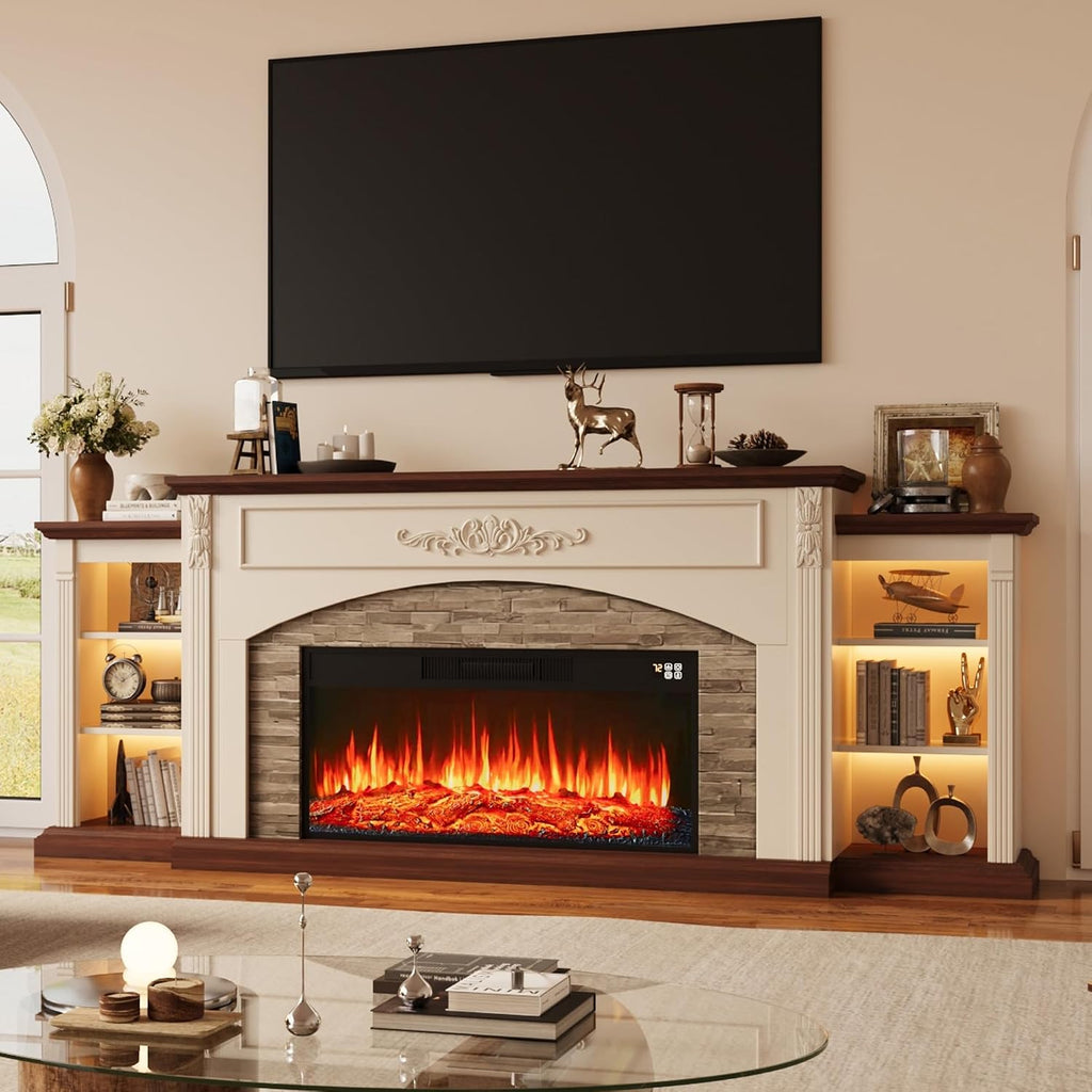 90inch Electric Fireplace TV Stand, Fireplace with Mantel Holds TVs up to 100 Inch, Entertainment Center with 36"