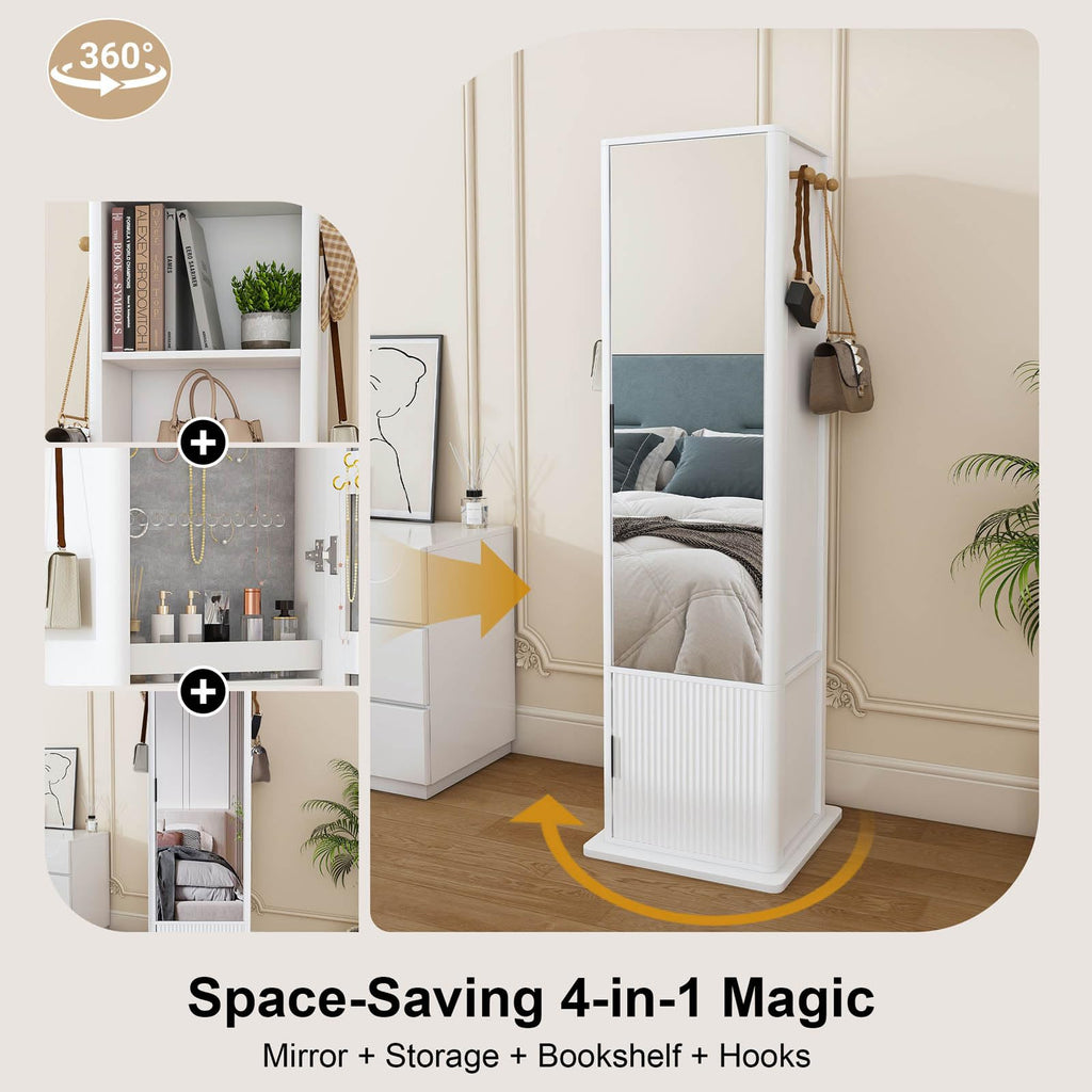 360° Rotating Mirror with Storage, 66" Jewelry Mirror Full Length, White