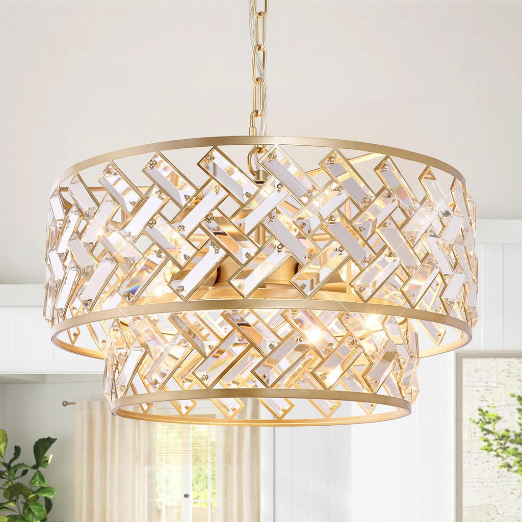 20'' Modern Gold Crystal Chandelier Luxury Semi Flush Mount Ceiling Light Fixtures 6-Lights Round Crystal Pendant