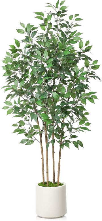 Ficus Artificial Tree 6ft Fake Silk Plant Decor Indoor, Faux Floor Tree in White Imitation Ceramic Planter with Green