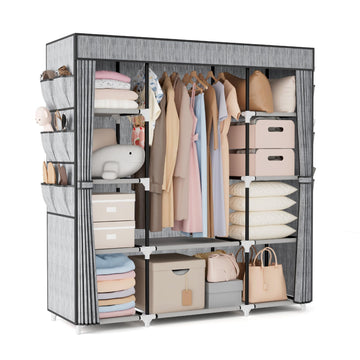 Portable Closet Wardrobe for Hanging Clothes 57.3 Inch Large Capacity Clothes Rack with Cover, 10 Storage Organizer