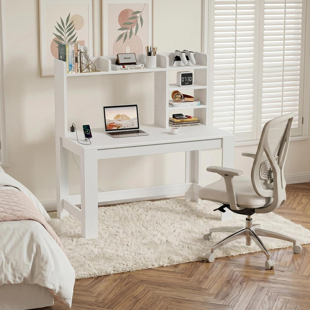 43" White Student Desk with Hutch and Built-in Power Outlet