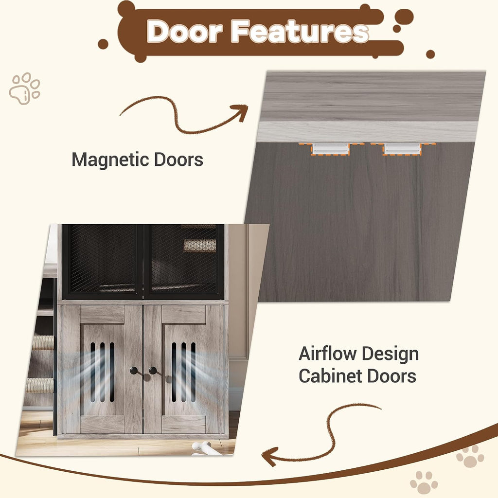 Double Cat Litter Box Enclosure Furniture with Doors - Hidden Storage, Ladder, Hammock, Metal Mesh - Multifunctional
