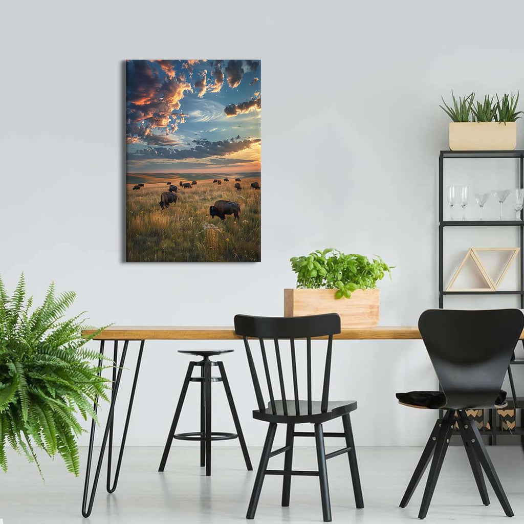 Large Landscape Wall Art Cow Pictures Wall Decor Tallgrass Prairie Scenic Canvas Prints Decor Sunset Nature Scenery