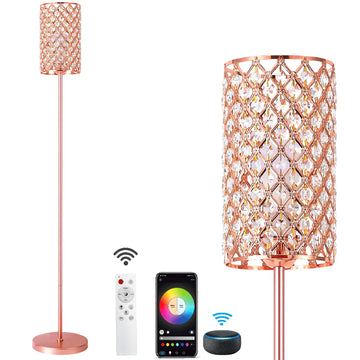 Crystal Floor Lamp with Remote Control, Smart Rose Gold Floor Lamps with Bulb Included, Crystal Standing Lamp Rose