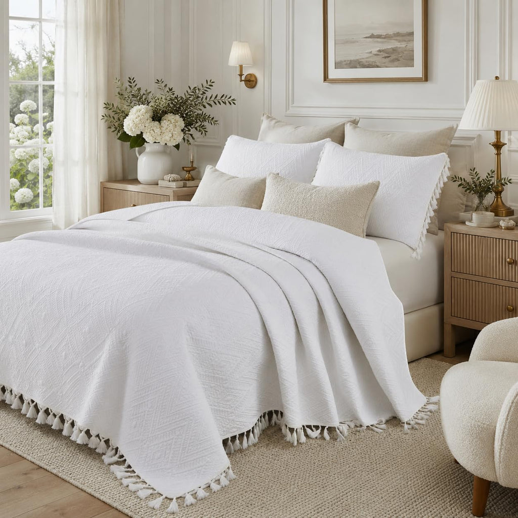 Luxury Bohemian Bedding Cotton Quilt Set King Size White Boho Matelasse Coverlet Set Hand-Finished Tassel Edges 3