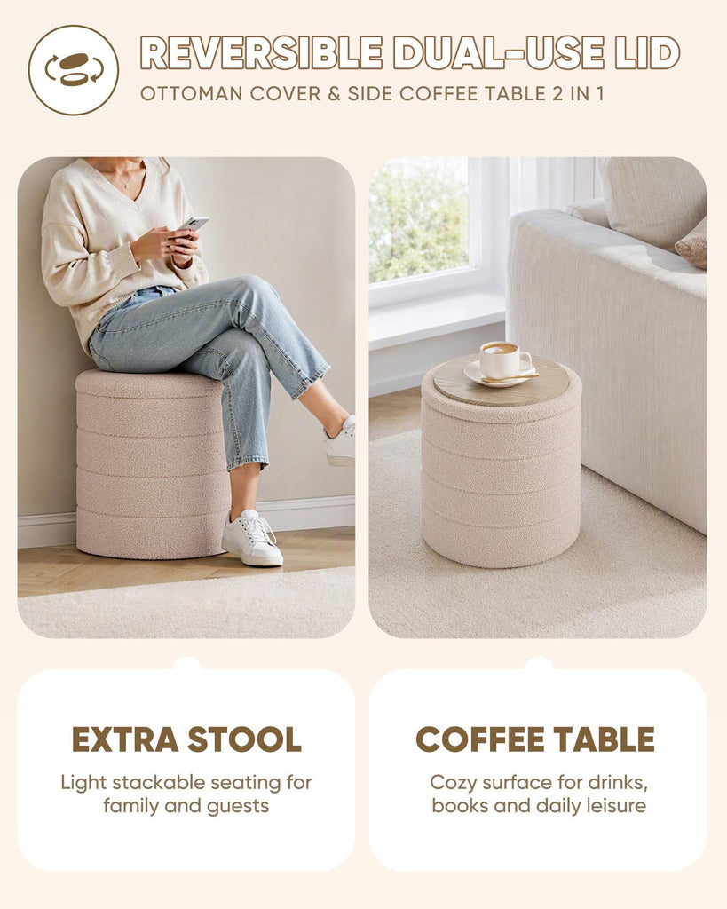 Folding Storage Ottoman, Round Sherpa Ottomans, Beige