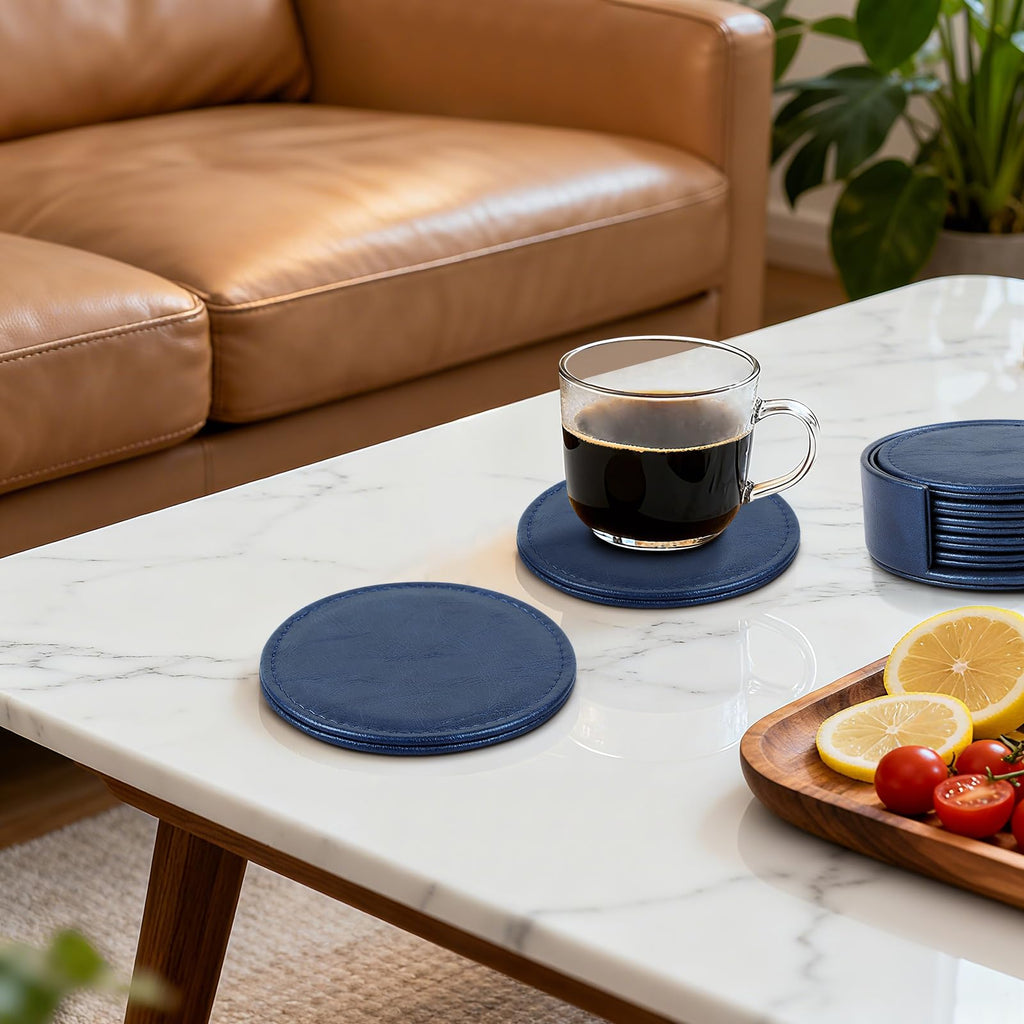 Leather Coasters Set of 6 with Holder, Tabletop Protection, Coffee Table & Bar Decoration, Modern-Style Drink