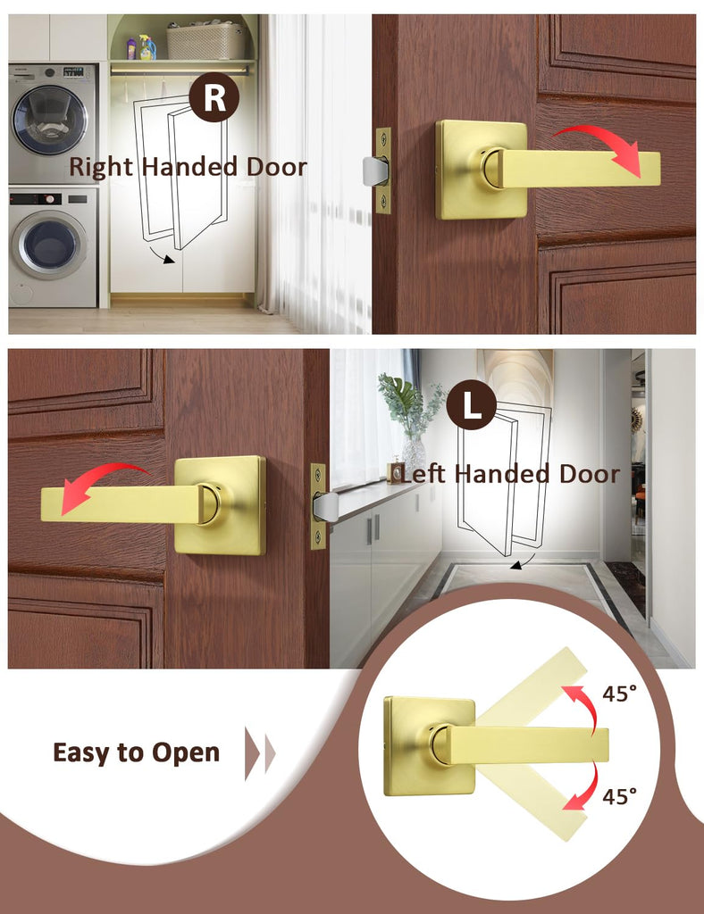 10 Pack Passage Door Levers Gold Finish, No-Locking Keyless Square Door Knob, Interior Door Handles for Closet and