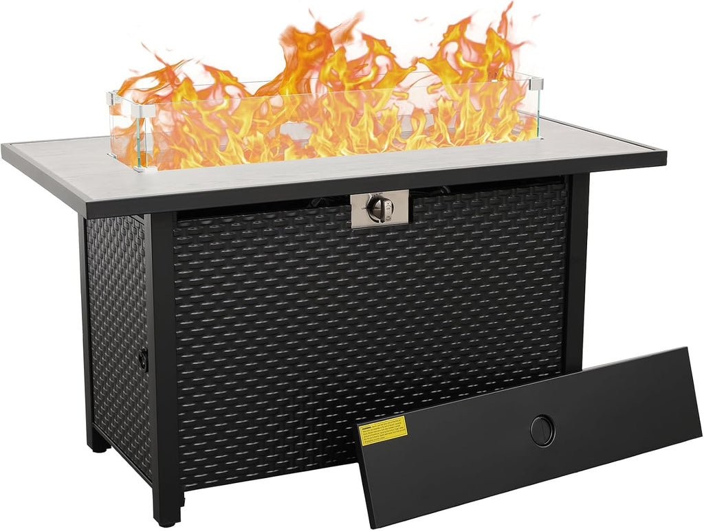 45 Inch Fire Table for Outside 60000 BTU Steel Gas Pit Outdoor with Woodgrain Marble Tabletop Glass Wind Guard Cover