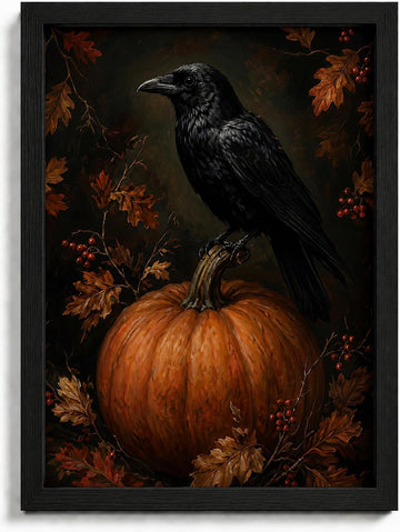 Framed Gothic Raven on Pumpkin Canvas Wall Art,Vintage Autumn Crow Painting,Dark Academia Print,Spooky Fall Wall
