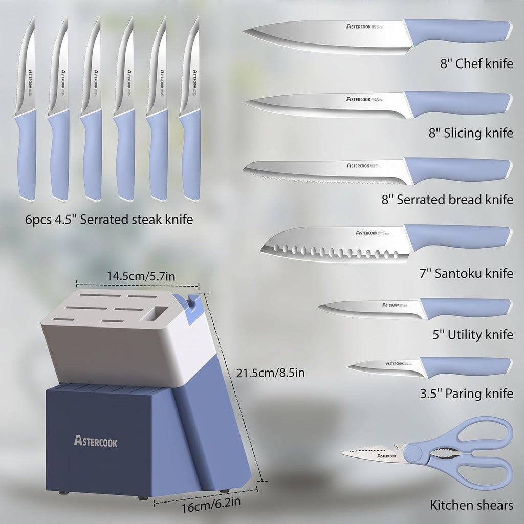 Kitchen Knife Set with Block and Sharpener 15 Piece German High Carbon Stainless Steel Knives Sharp Blade Dishwasher