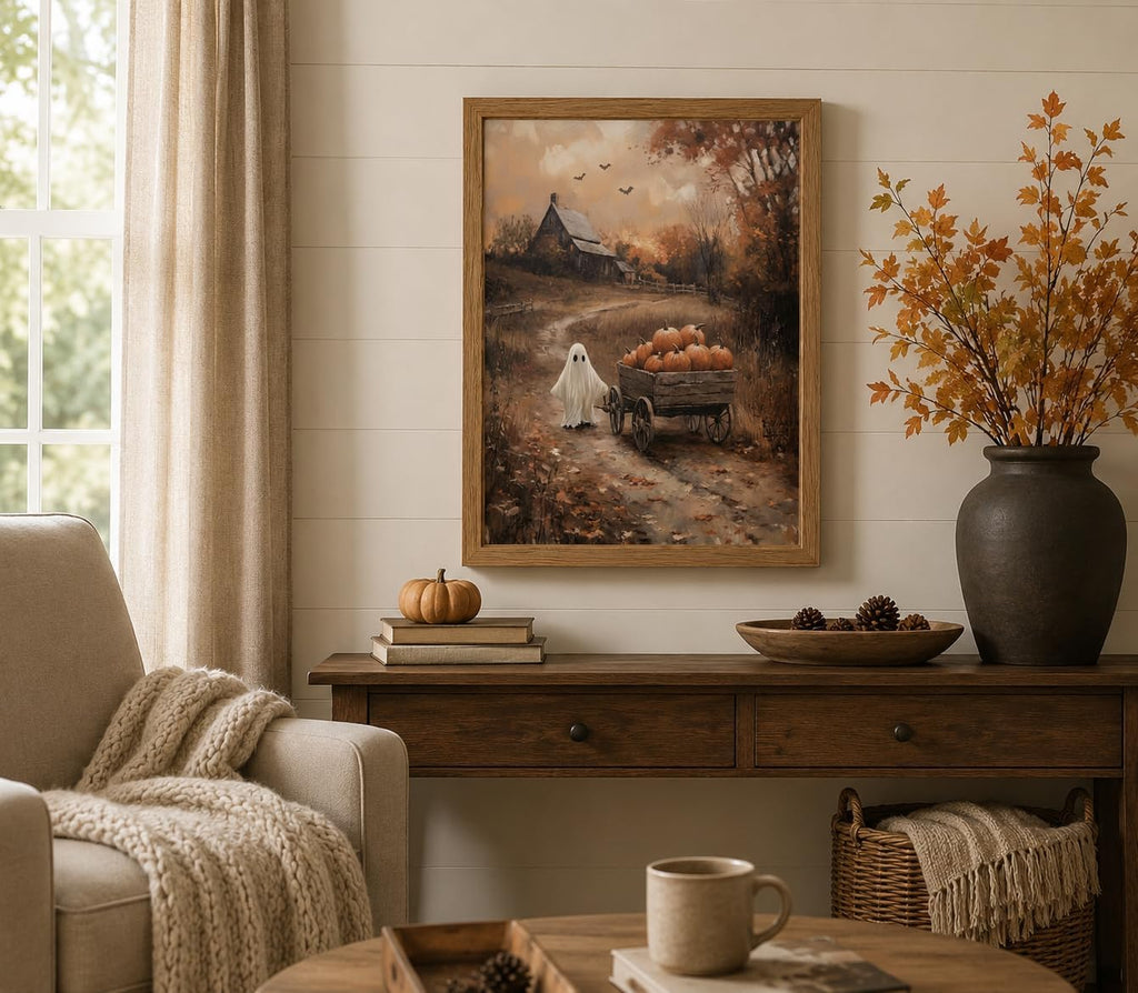Framed Ghost Pumpkin Wall Art Vintage Halloween Canvas Print Rustic Farmhouse Autumn Cottagecore Spooky Countryside
