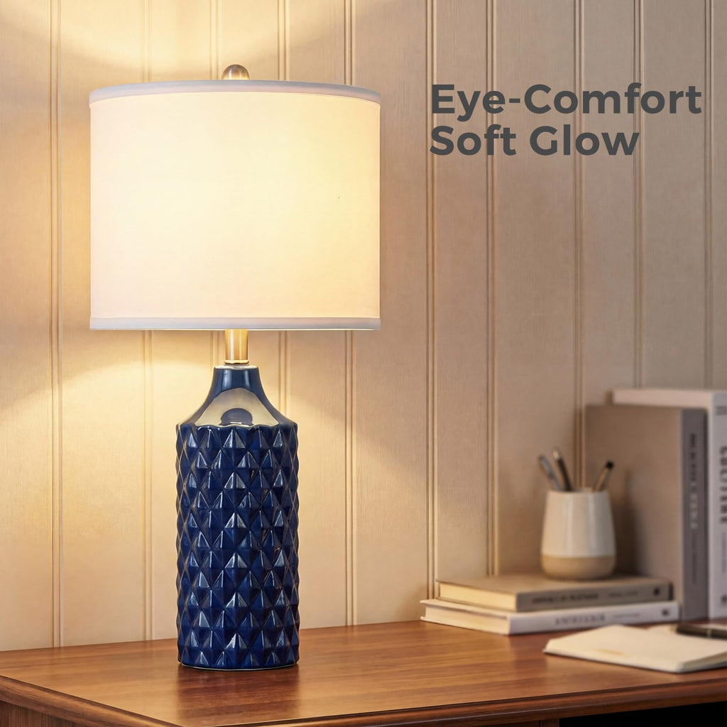 Modern Ceramic Table Lamp, Set of 2 - Navy Blue with Diamond Protrusions Texture, 25'' Nightstand Lamp Living Room