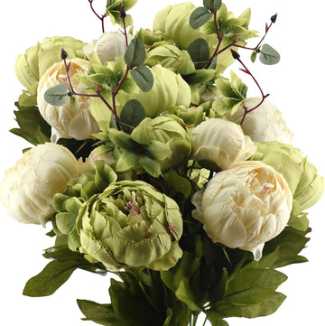 Cream Beige & Moss Green Artificial Peony Bouquet - Set of 2