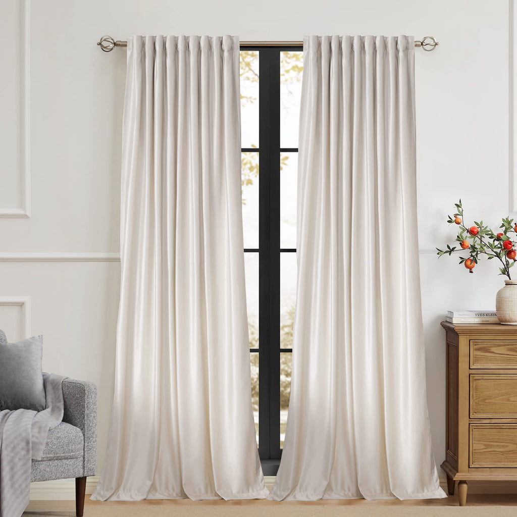 100% Blackout Ivory Off White polyester Velvet Curtains 96 inch Long, Set of 2 Panels Liner Rod Pocket Back Tab