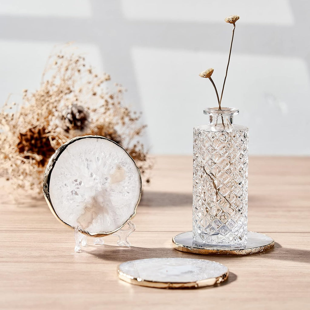 White Agate Coasters for Drinks, Crystal Coaster with Gold Edge 3.5-4", Geode Coaster, Gemstone Natural - Set of 4