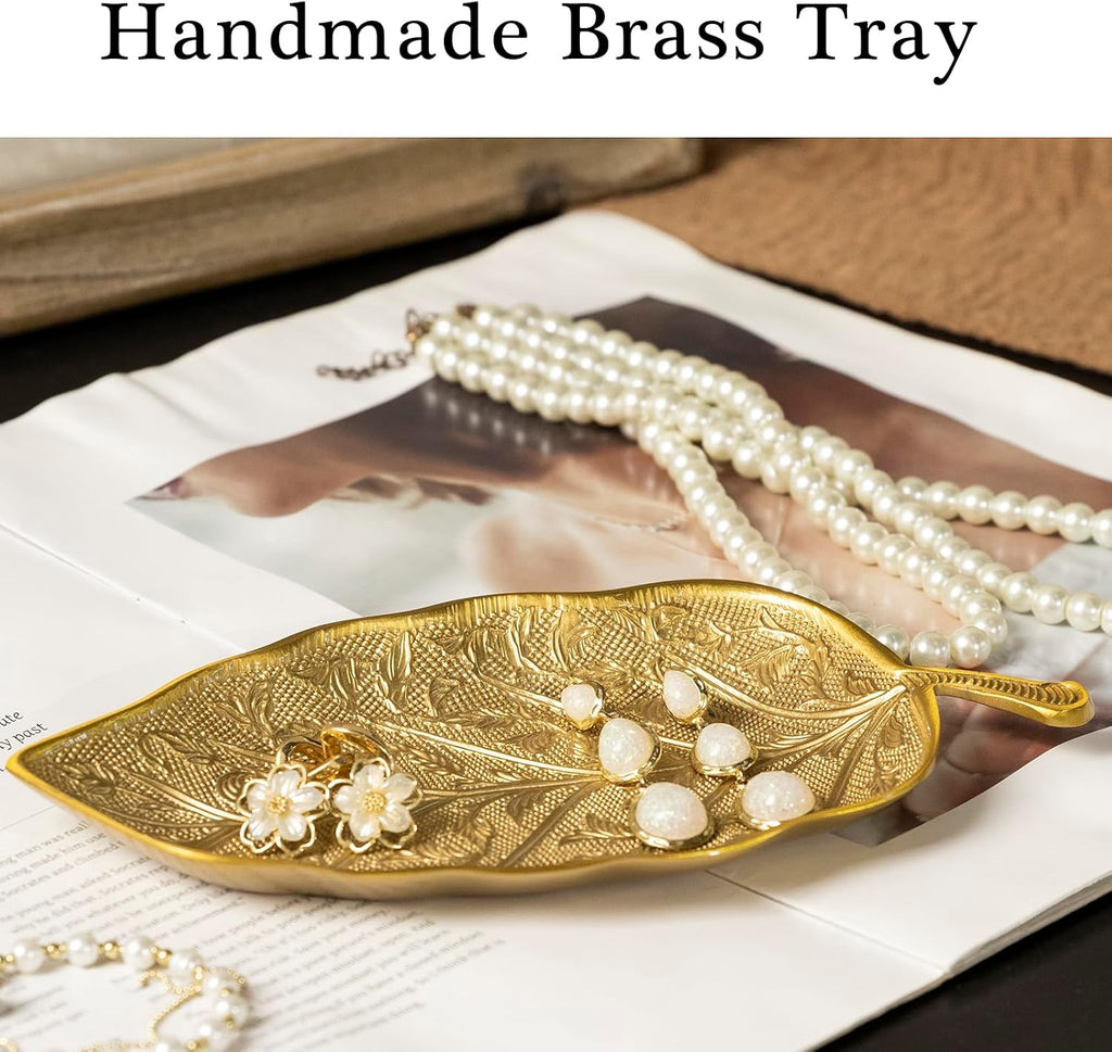 Brass Leaf Jewelry Dish Tray,Gold Decorative Ring and Trinket Holder-Decorative Trinket Dish for Rings Earrings