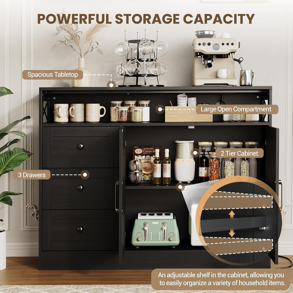 Farmhouse Buffet Cabinet with 3 Drawers & Open Shelf, Sideboard with Storage, 47" Kitchen Pantry Cabinet Hutch