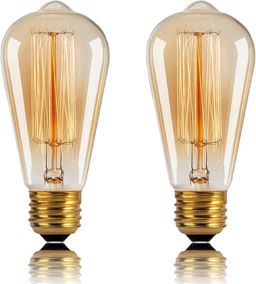 ST64 Incandescent Edison Bulb 40W E26 2200K Dimmable Amber Glass 2-Pack