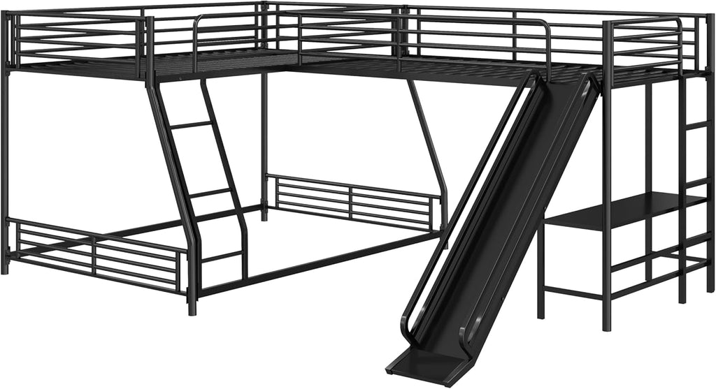 Triple Bunk Beds, L-Shape Twin Over Full Bunk Bed Attached a Loft Bed with Desk, Triple Bunk Beds with Slide