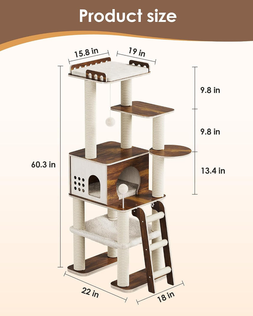 Modern Cat Tower, 60.3 Inches Multi-Level Cat Tree with Dark Wood-Look Panels, Sisal Scratching Posts, Hammock &