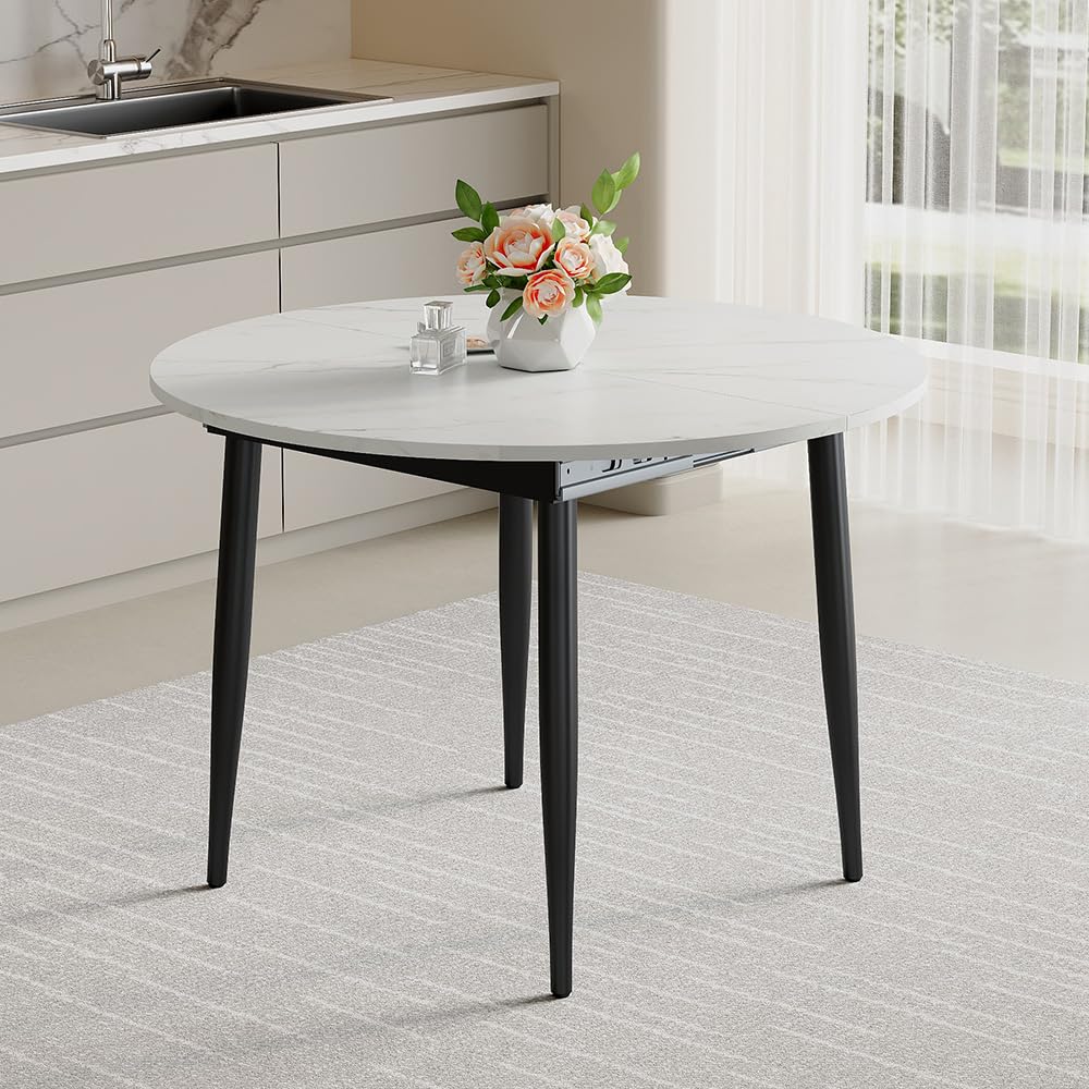 42"-54" Round to Oval Extendable Dining Room Table, White Faux Marble & Wood Grain Top with Black Metal Legs, Modern