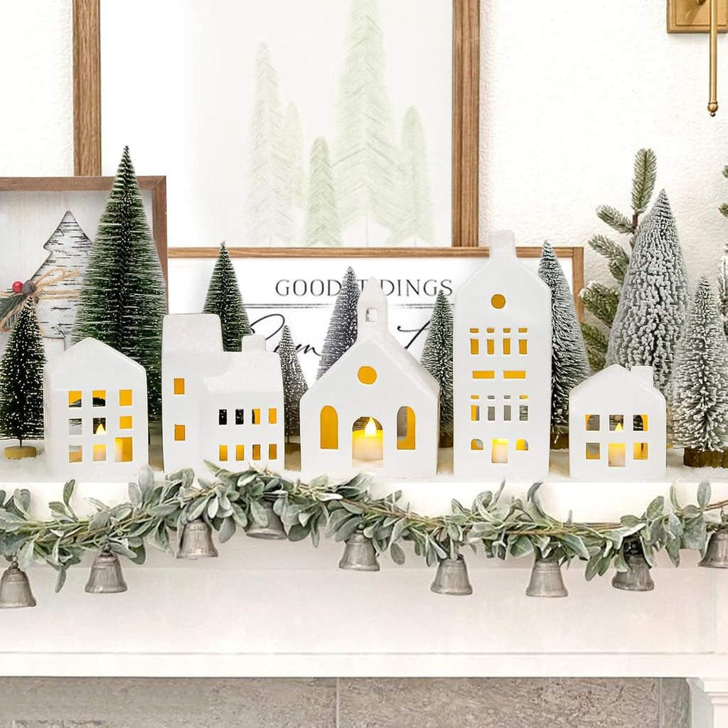 Christmas Decorations - Village Sets of 5 Lighted Ceramic Houses & 9 Trees