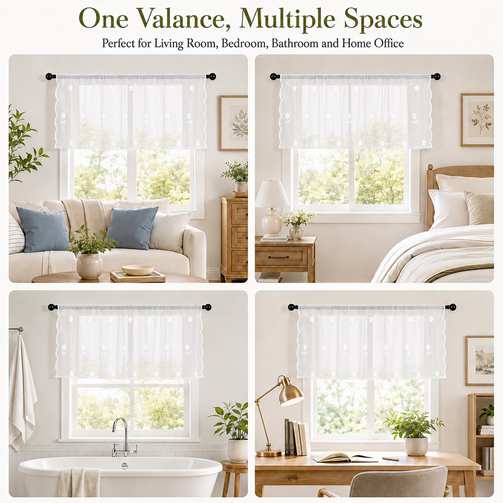 Sheer Valances for Windows Embroidered 4 Pack White Floral