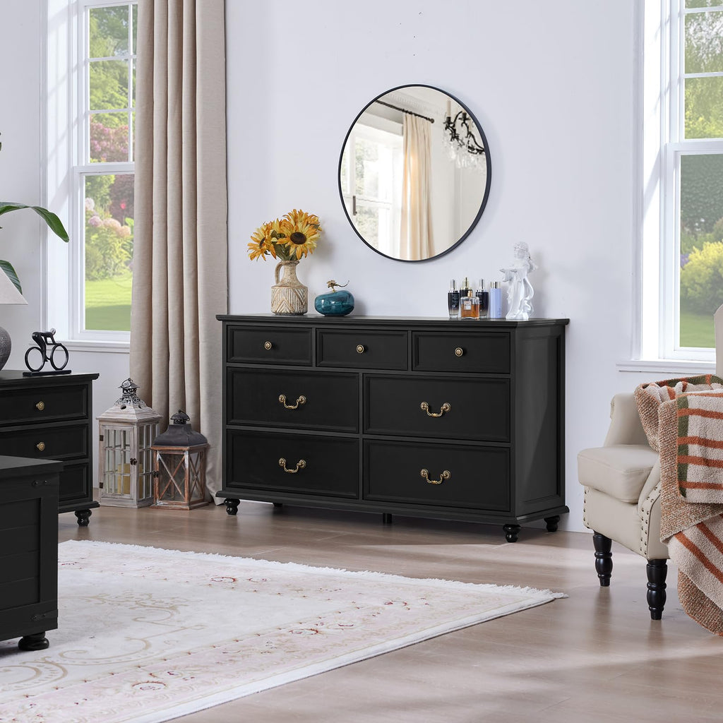 Farmhouse 7 Drawers Dresser, Black 54 Inch Wide Chest of Drawers w/ 4 Wooden Legs, Large Vintage Rustic Closet