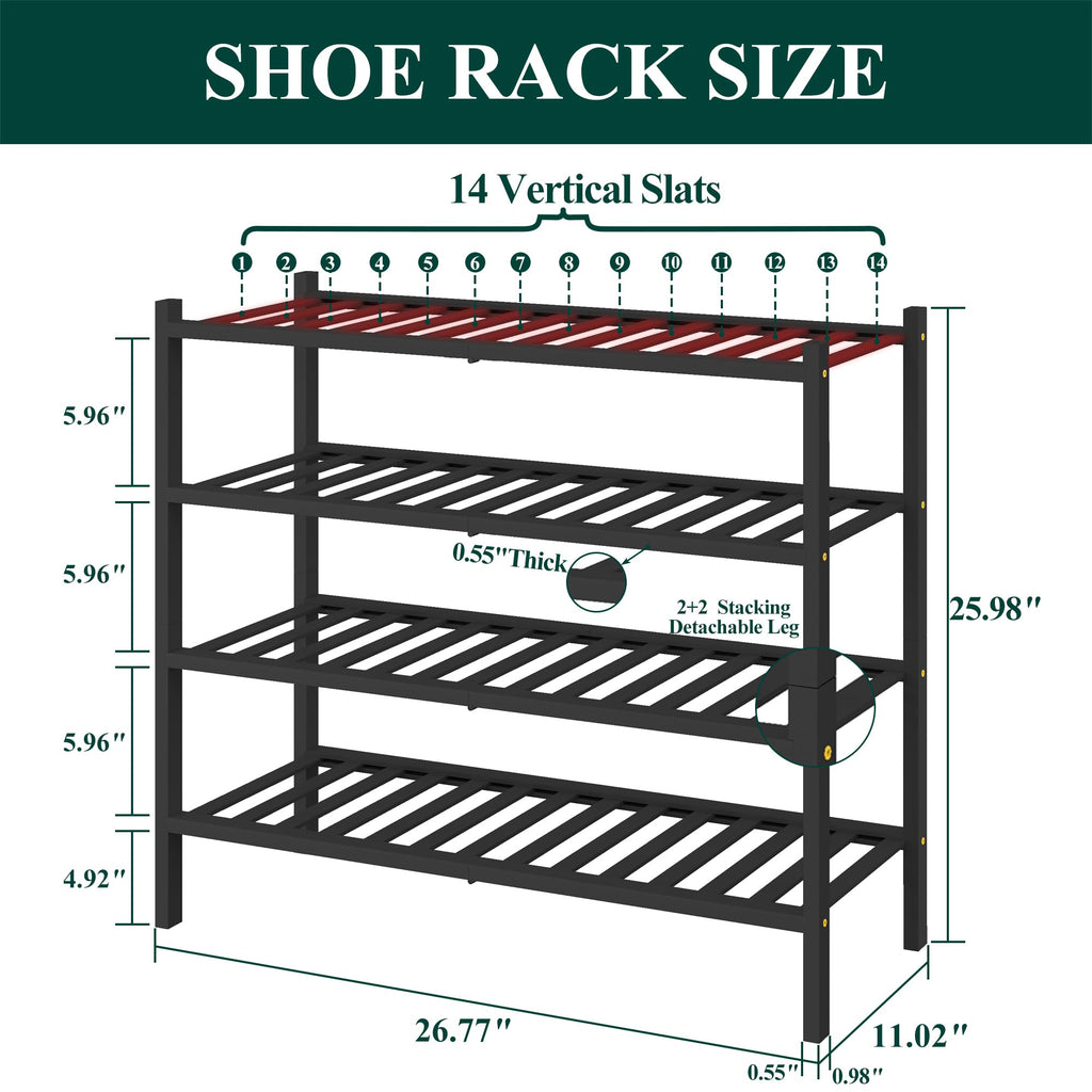 Bamboo Shoe Rack for Closet, 4 Tier - 26.77" Wide, Black