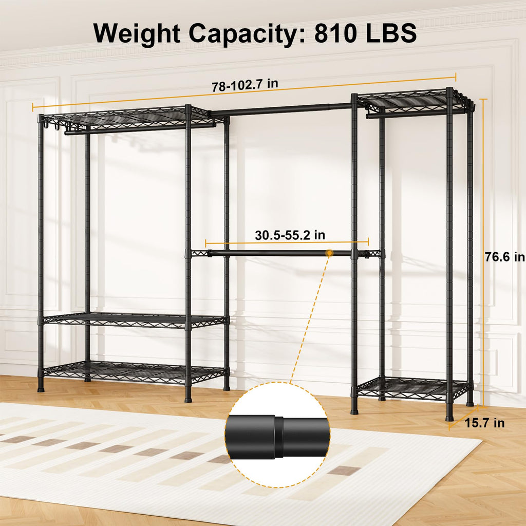 E17 Heavy-Duty Clothes Rack with 2 Expandable Hanging Rods, Black