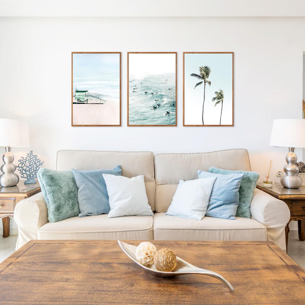 Coastal Beach Framed Wall Art Tropical Palm Tree Ocean Surfing Decor