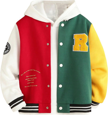 Boy's Letter Graphic Print Bomber Baseball Coat Button Front School Uniform Varsity Jacket
