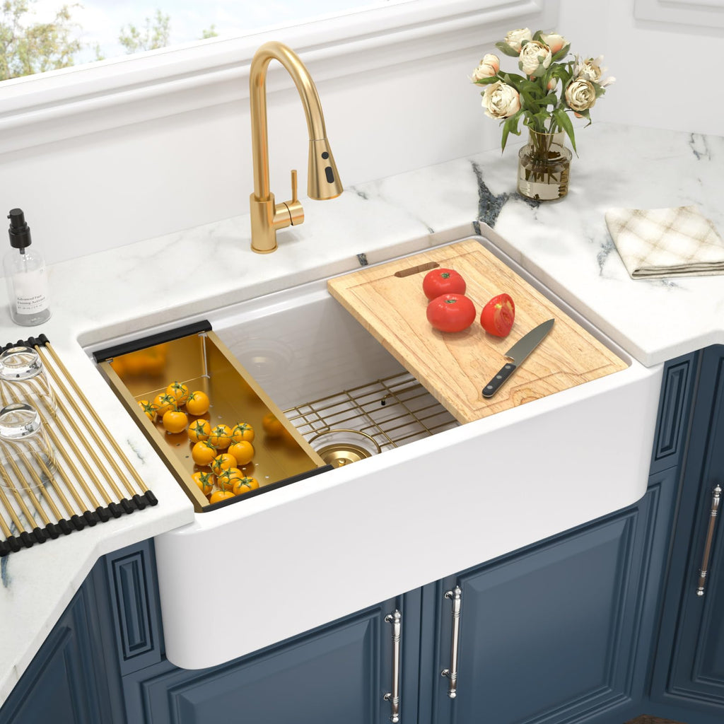 32 White Undermount Farmhouse Kitchen Sink Self-Trimming