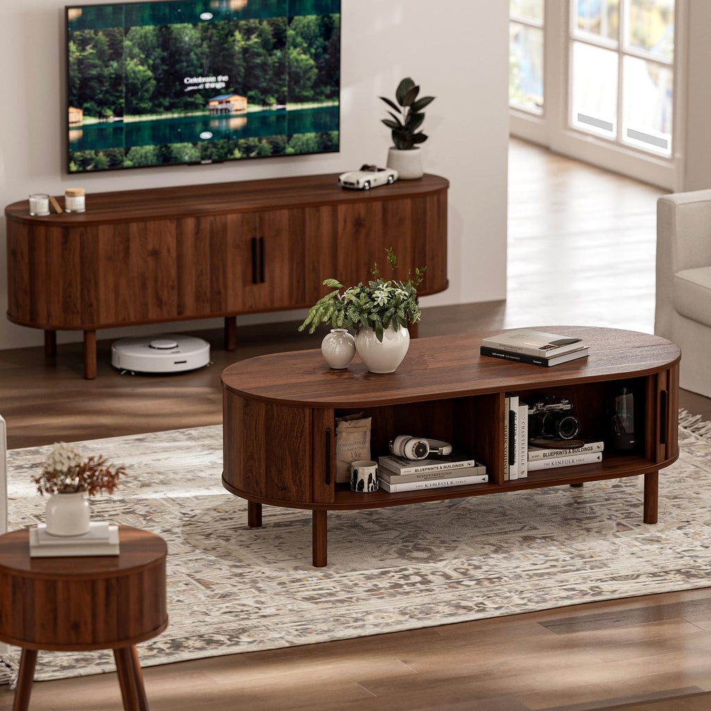 Oval Coffee Table with Sliding Doors, Mid-Century, Walnut
