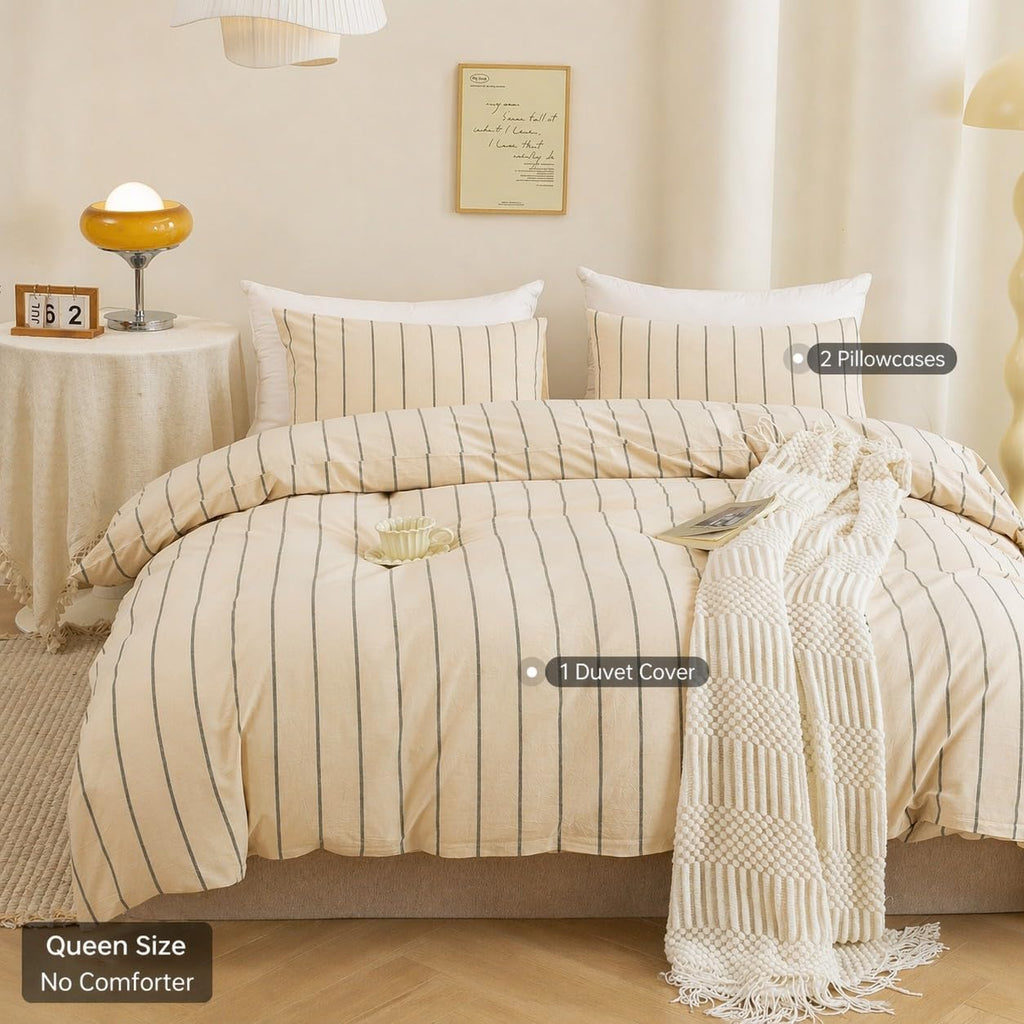 Cotton 3 Pcs Duvet Cover Set Linen Feel Vertical Stripe Queen