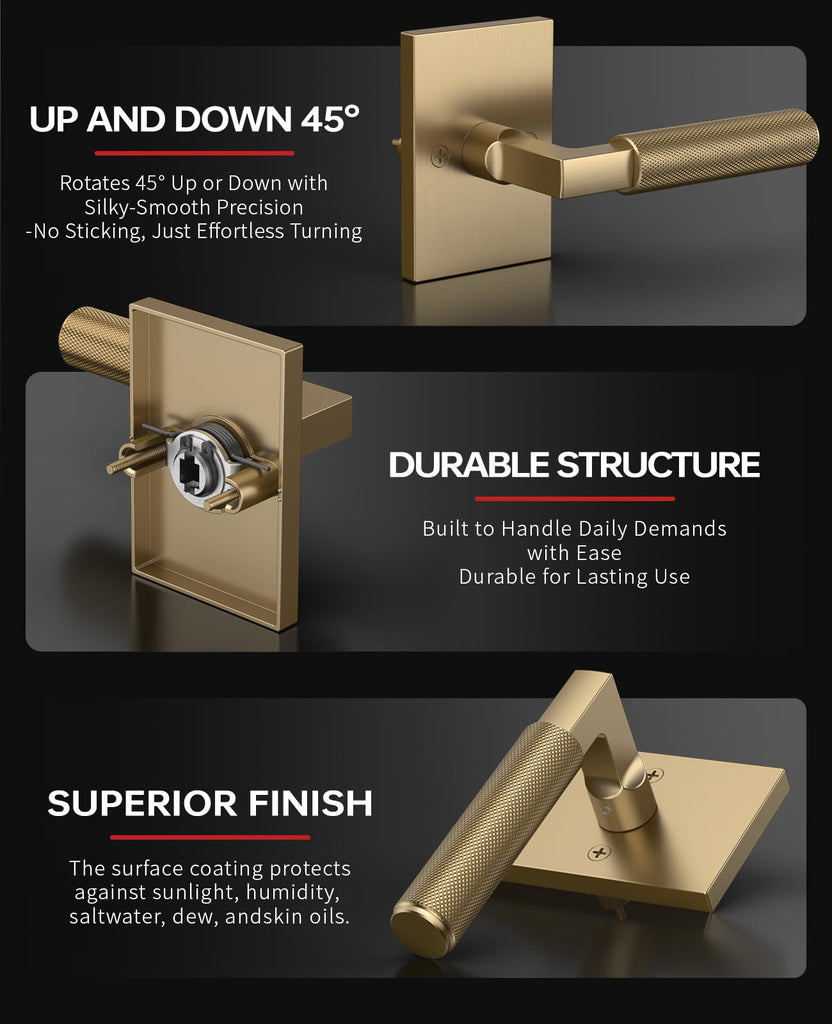 Champagne Bronze Solid Heavy-Duty Knurled Front Door Handle Set with Deadbolt, Architectural Grade Modern Entry Door