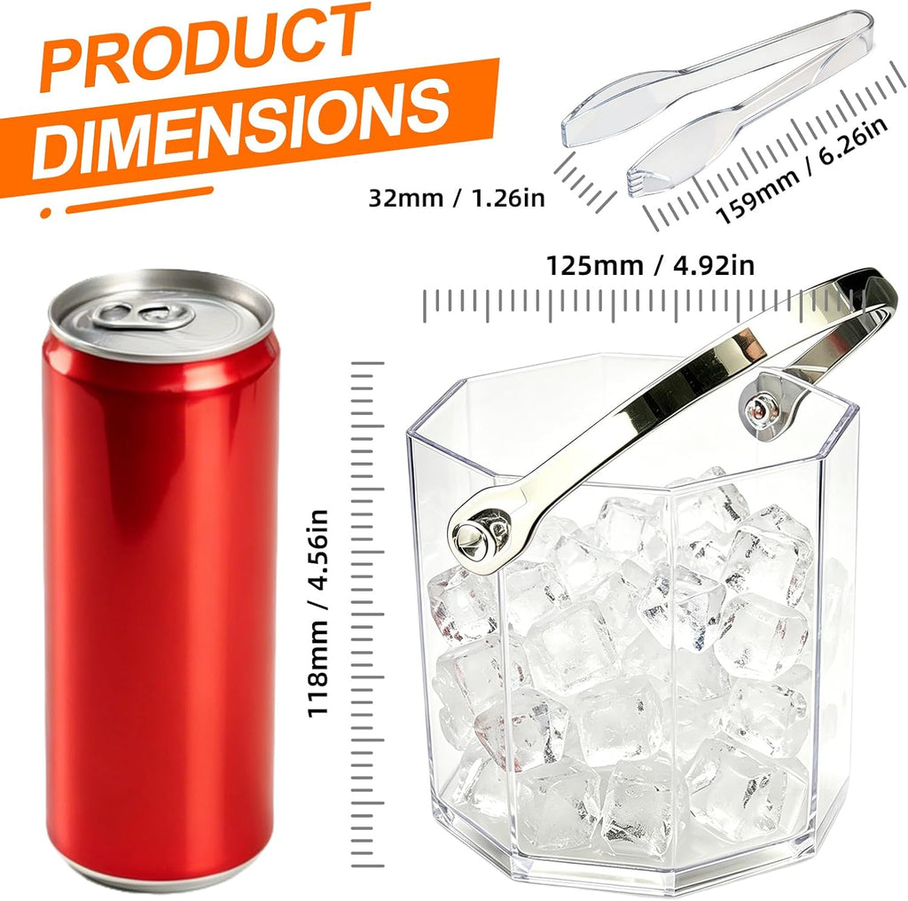 Crystal Ice Bucket with Handle & Tongs-1.1 L Plastic Clear Champagne Ice Buckets for Parties, Beer, Wine, Drinks - Set of 2