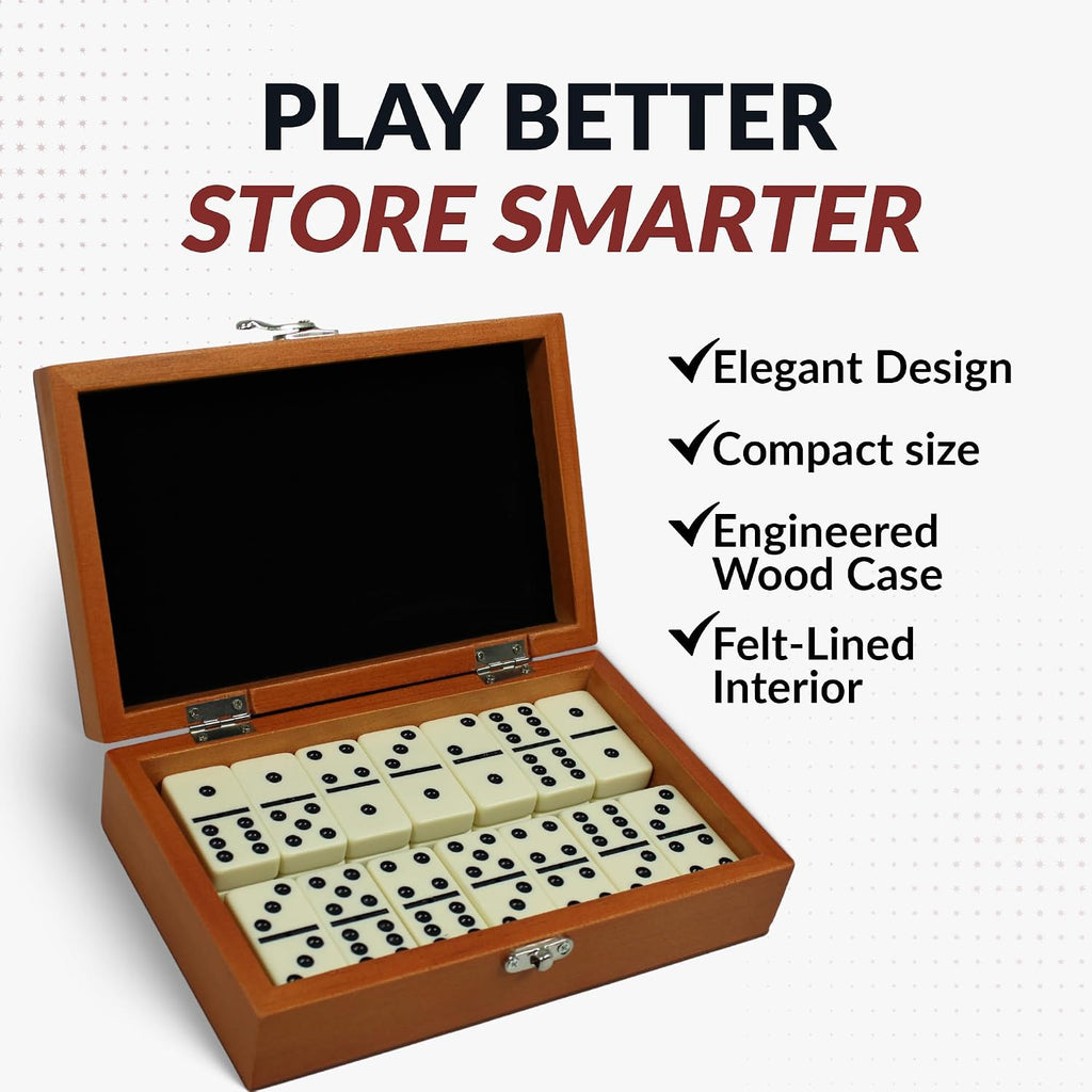 Premium Dominos Set - with Wooden Carry Case, 28 Double-Six Ivory Dominoes with Black Pips, Felt-Lined Walnut Case &