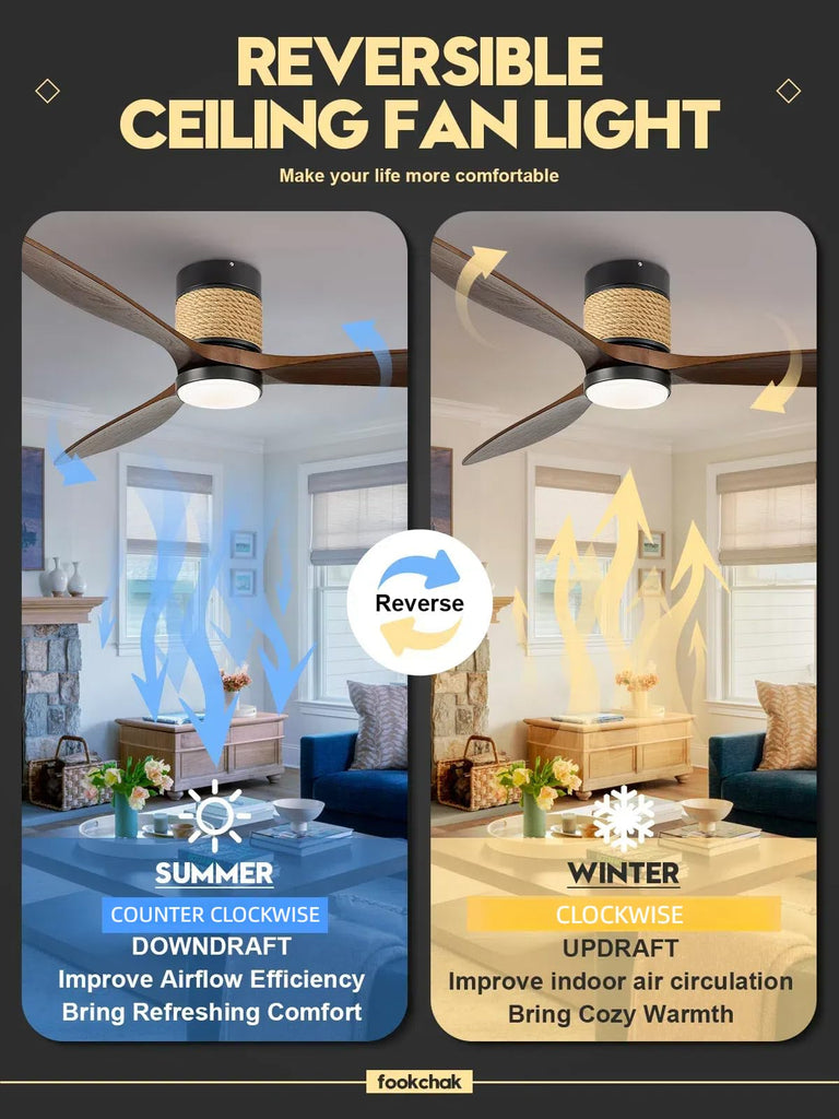 60in Dimmable Flush Mount Ceiling Fans Light with Remote Control 3 Blade Farmhouse Hemp Rope Ceiling Fan with Light