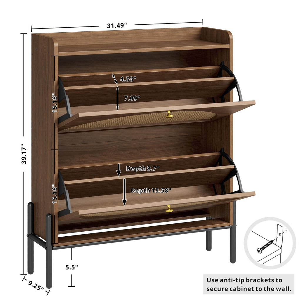 Rattan Shoe Cabinet Storage with 2 Flip Drawers, Walnut