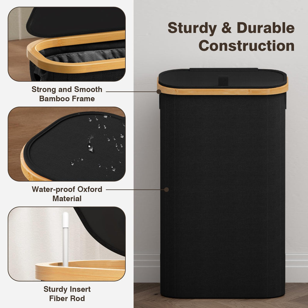 Slim Laundry Hamper with Lid, 75L Small Laundry Basket, Black