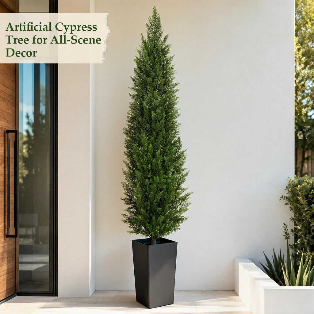 Artificial Cedar Topiary Trees with Black Pot, 7 FT UV Resistant Faux Boxwood Plants, Front Porch Decorations