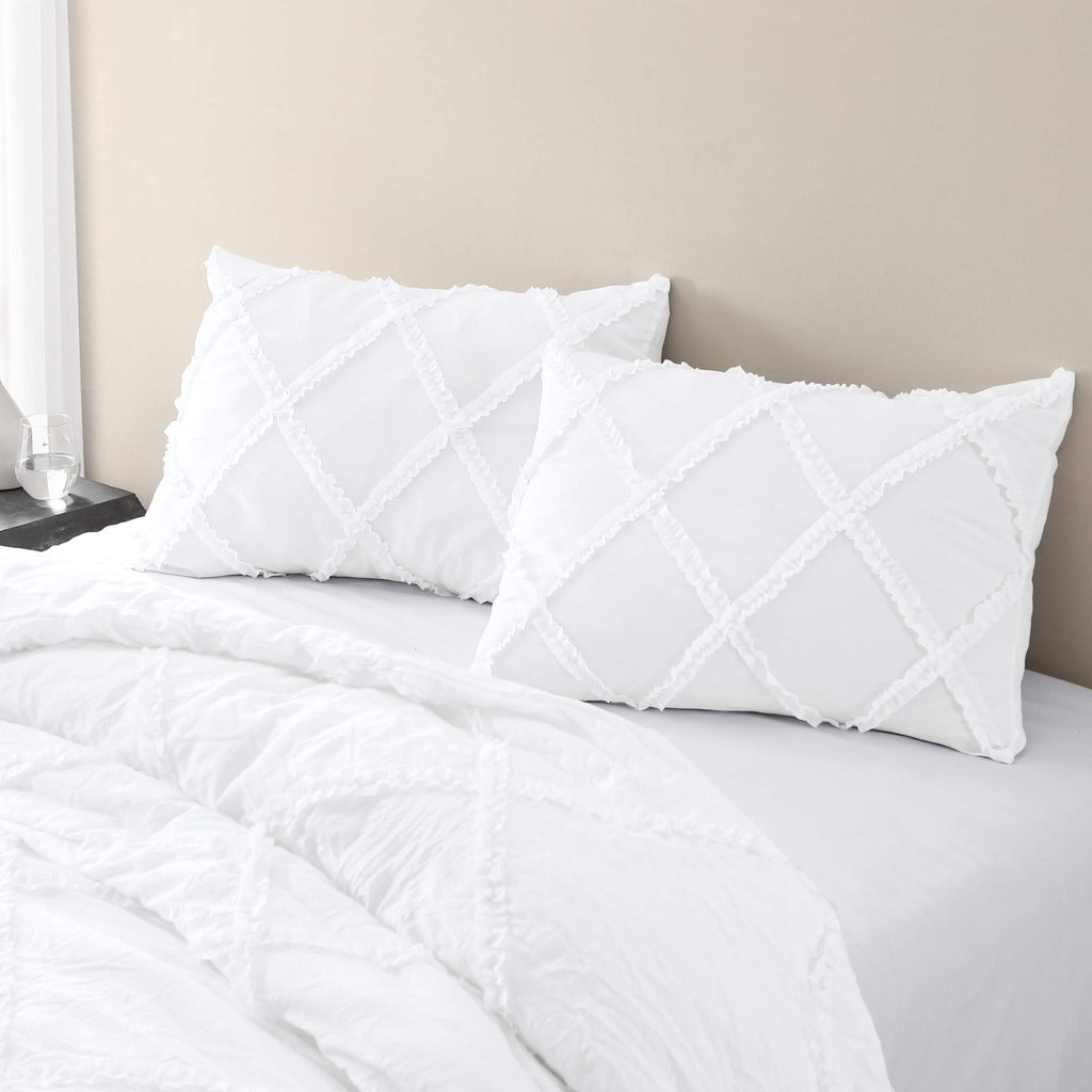 Vivian 3-Piece Diamond Ruffle Quilted Trim Soft Washed Microfiber Comforter Set (White)