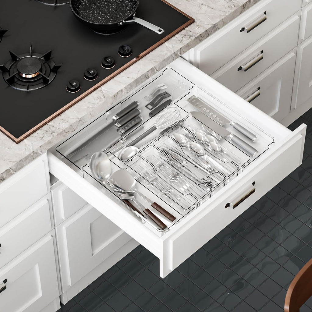Clear Expandable Silverware Organizers Drawers,Large BPA Free Cutlery Organizer in Drawer,Plastic Utensil Drawer