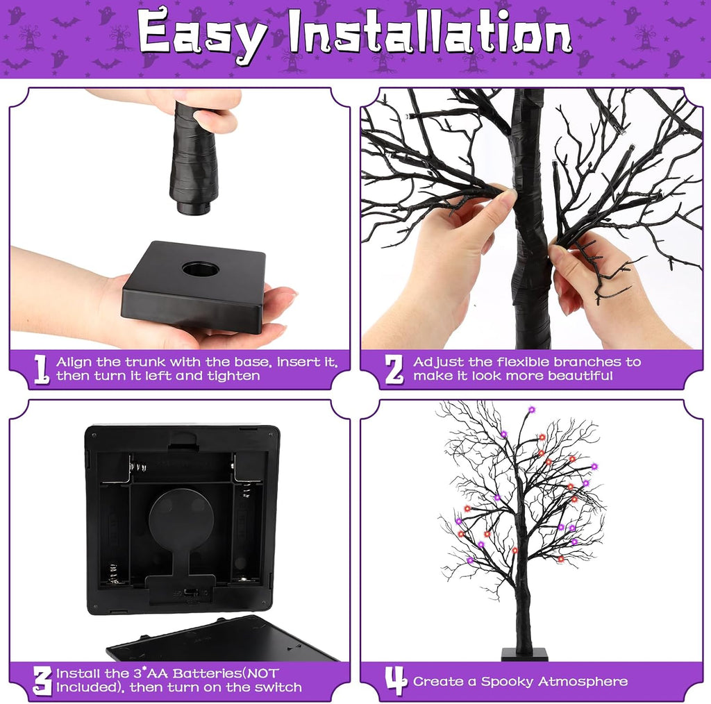 Halloween Decorations Indoor - 2Pack 24 Inch Spooky Black Tree with Lights, Lighted Tabletop Tree with Timer - Set of 2